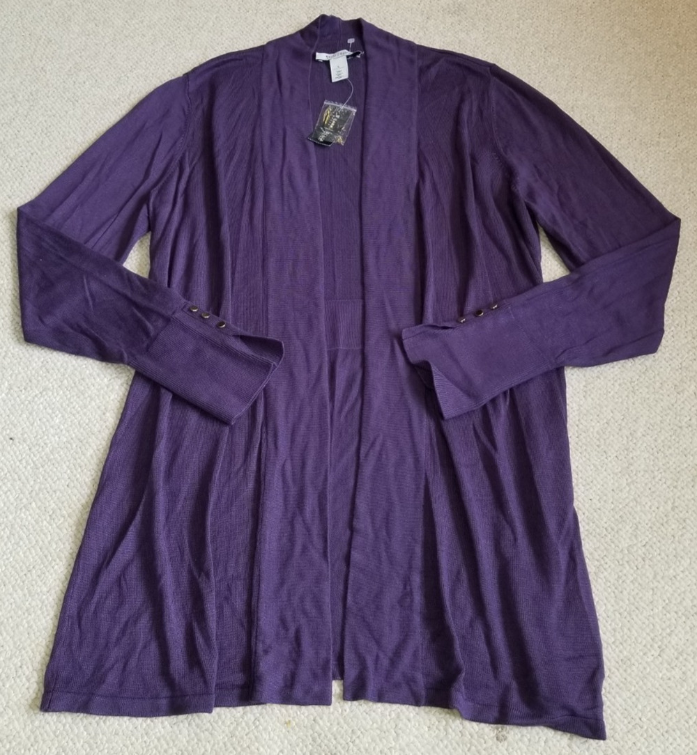 NWT Womens Sweater-WHITE HOUSE BLACK MARKET-purple "Drapey Coverup" cardigan-L